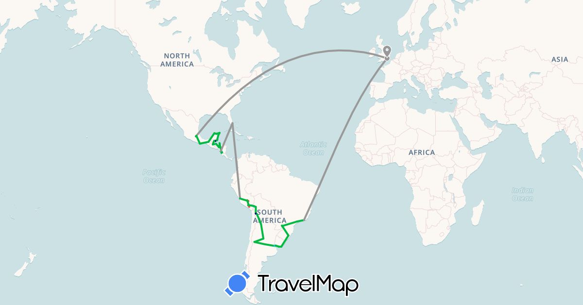 TravelMap itinerary: driving, bus, plane, hiking, boat in Argentina, Bolivia, Brazil, Belize, United Kingdom, Guatemala, Honduras, Mexico, Nicaragua, Peru, United States, Uruguay (Europe, North America, South America)
